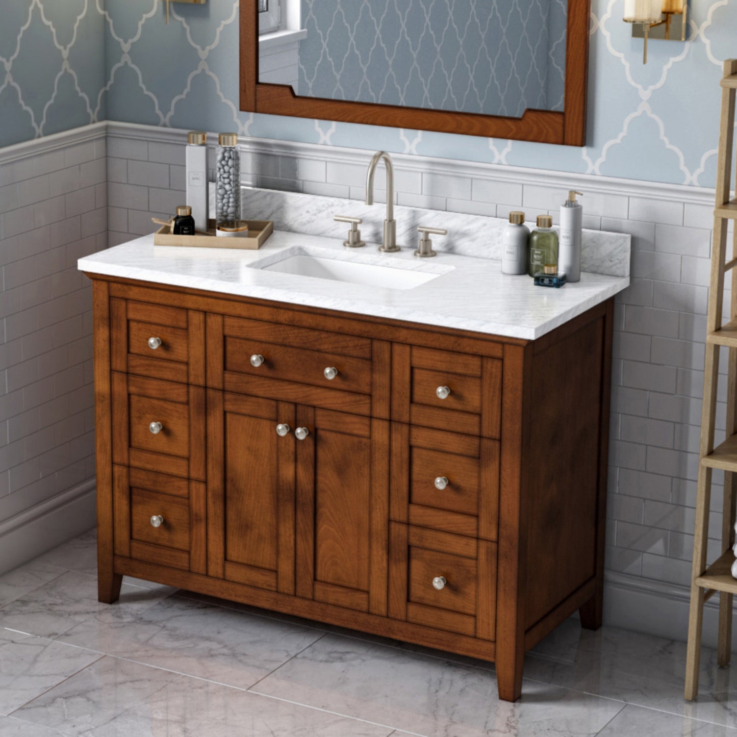 JEFFREY ALEXANDER VKITCHA48CHWCR 48" Chocolate Chatham Vanity, White Carrara Marble Vanity Top, undermount rectangle bowl - Chocolate