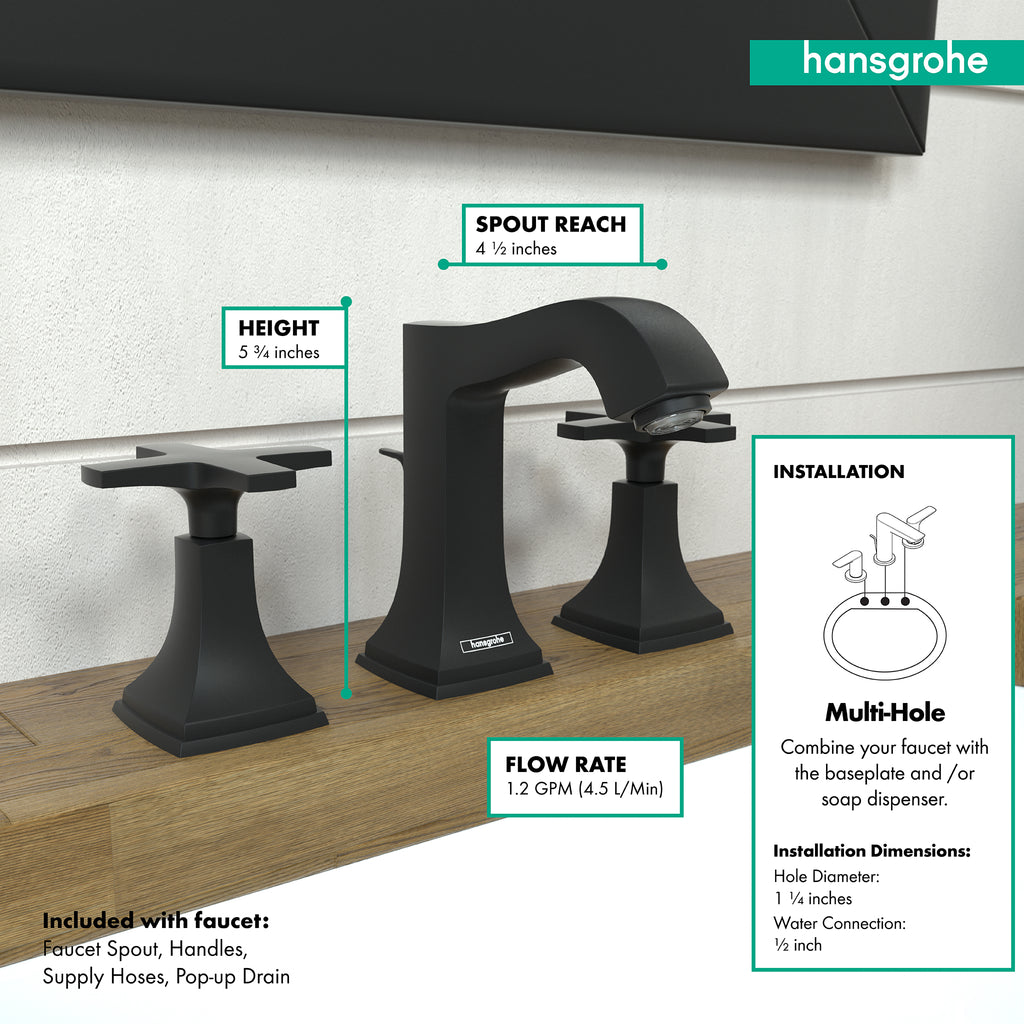 HANSGROHE 31306671 Metropol Classic Widespread Faucet 110 with Cross Handles and Pop-Up Drain, 1.2 GPM - Matte Black