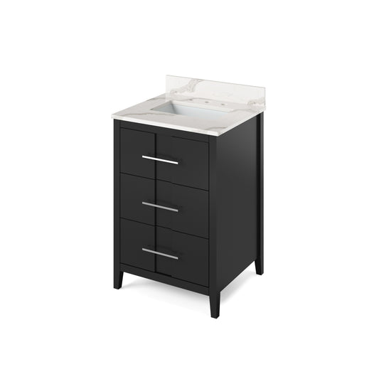 JEFFREY ALEXANDER VKITKAT24BKCQR 24" Black Katara Vanity, Calacatta Vienna Quartz Vanity Top, undermount rectangle bowl - Black