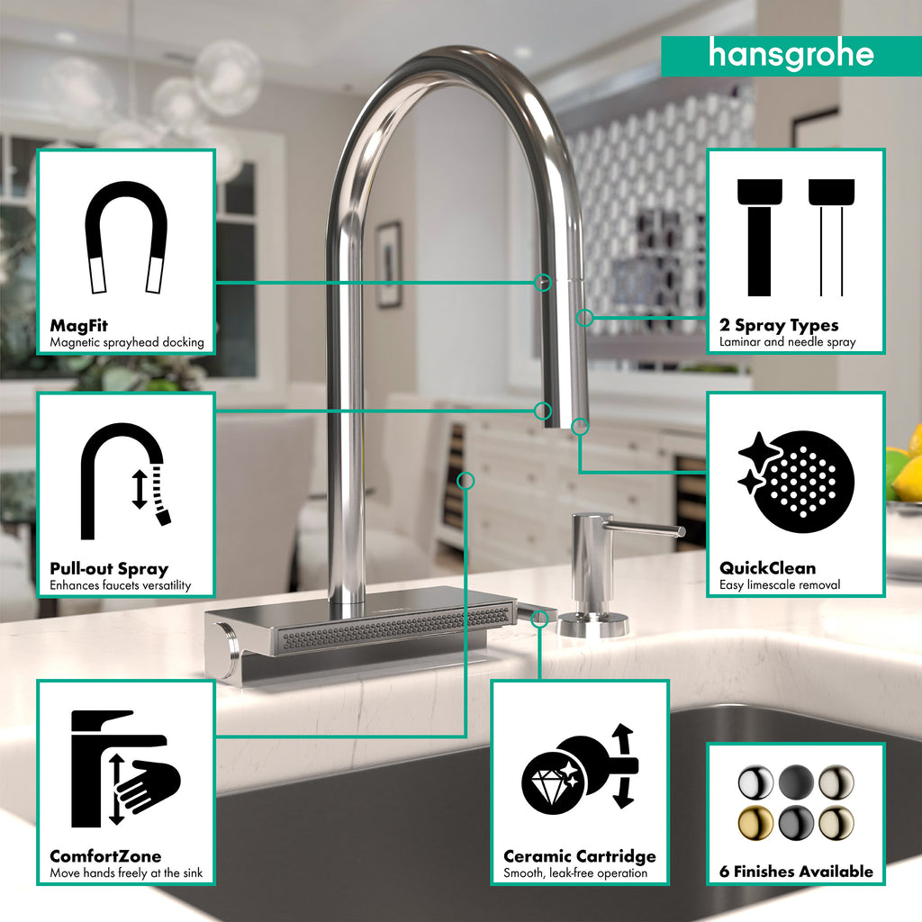 HANSGROHE 73837001 Aquno Select HighArc Kitchen Faucet, 3-Spray Pull-Down, 1.75 GPM - Chrome