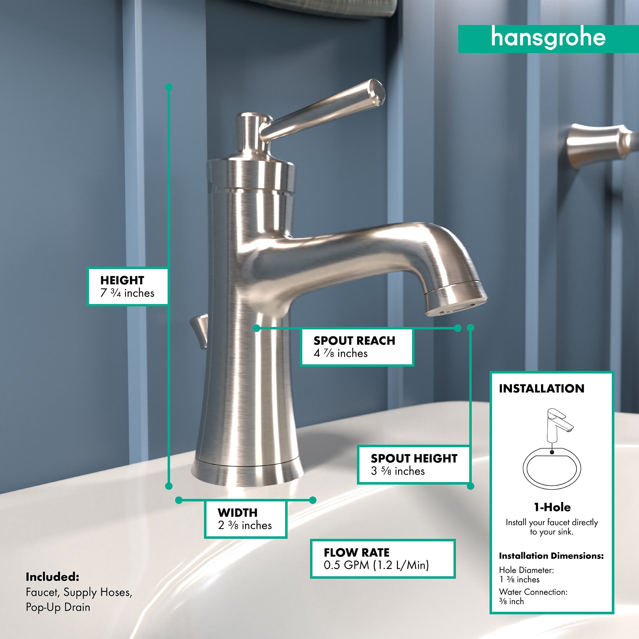HANSGROHE 04773820 Joleena Single-Hole Faucet 100 with Pop-Up Drain, 0.5 GPM - Brushed Nickel