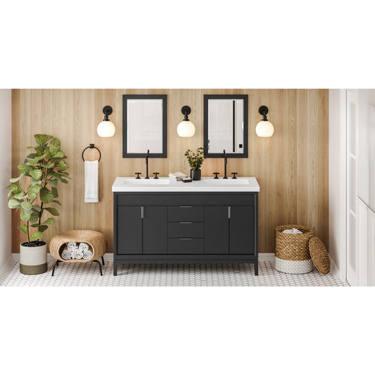 JEFFREY ALEXANDER VKITTHE60BKLAR 60" Black Theodora Vanity, double bowl, Lavante Cultured Marble Vessel Vanity Top, double integrated rectangle bowls , Black