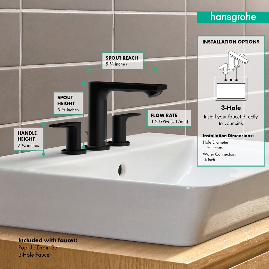 HANSGROHE 72532671 Rebris E Widespread Faucet 110 with Pop-Up Drain, 1.2 GPM - Matte Black