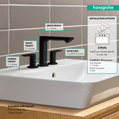 HANSGROHE 72532671 Rebris E Widespread Faucet 110 with Pop-Up Drain, 1.2 GPM - Matte Black