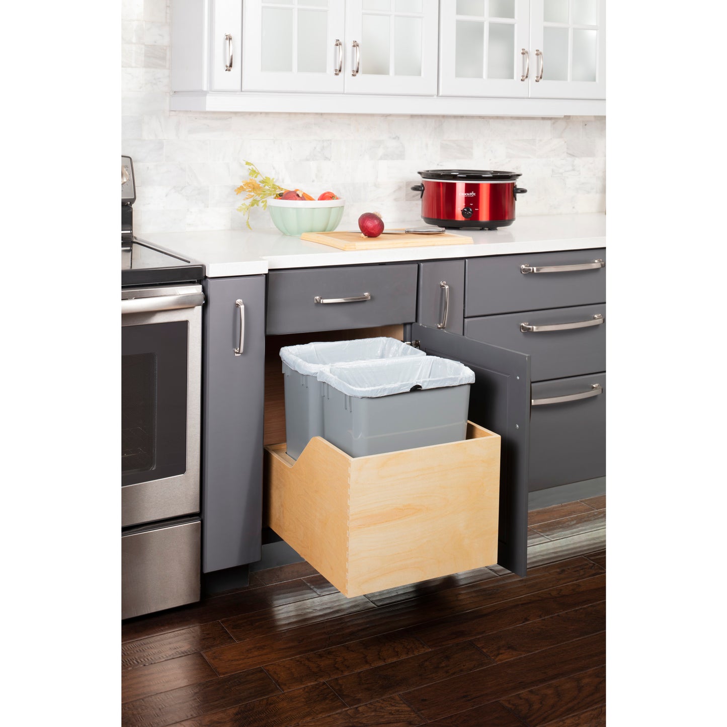 HARDWARE RESOURCES CAN-WBMD3518G Double 35 Quart Wood Bottom-Mount Soft-close Trashcan Rollout for Hinged Doors, Includes Two Grey Cans - Grey