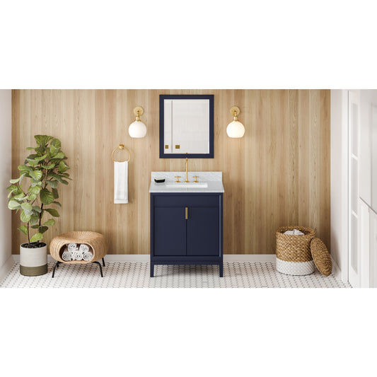 JEFFREY ALEXANDER VKITTHE30BLWCR 30" Hale Blue Theodora Vanity, White Carrara Marble Vanity Top, undermount rectangle bowl , Hale Blue