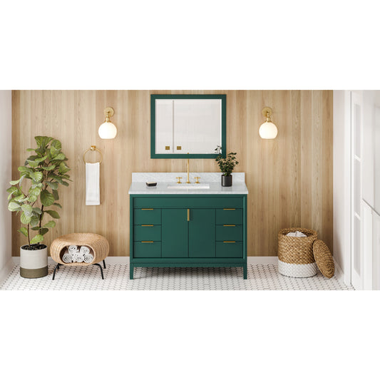 JEFFREY ALEXANDER VKITTHE48GNWCR 48" Forest Green Theodora Vanity, White Carrara Marble Vanity Top, undermount rectangle bowl , Green