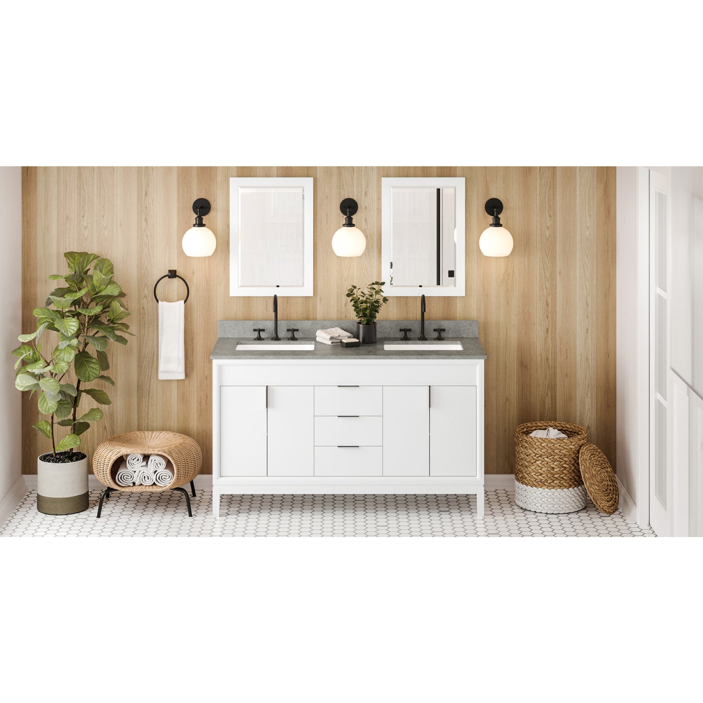 JEFFREY ALEXANDER VKITTHE60WHSGR 60" White Theodora Vanity, double bowl, Steel Grey Cultured Marble Vanity Top, two undermount rectangle bowls , White