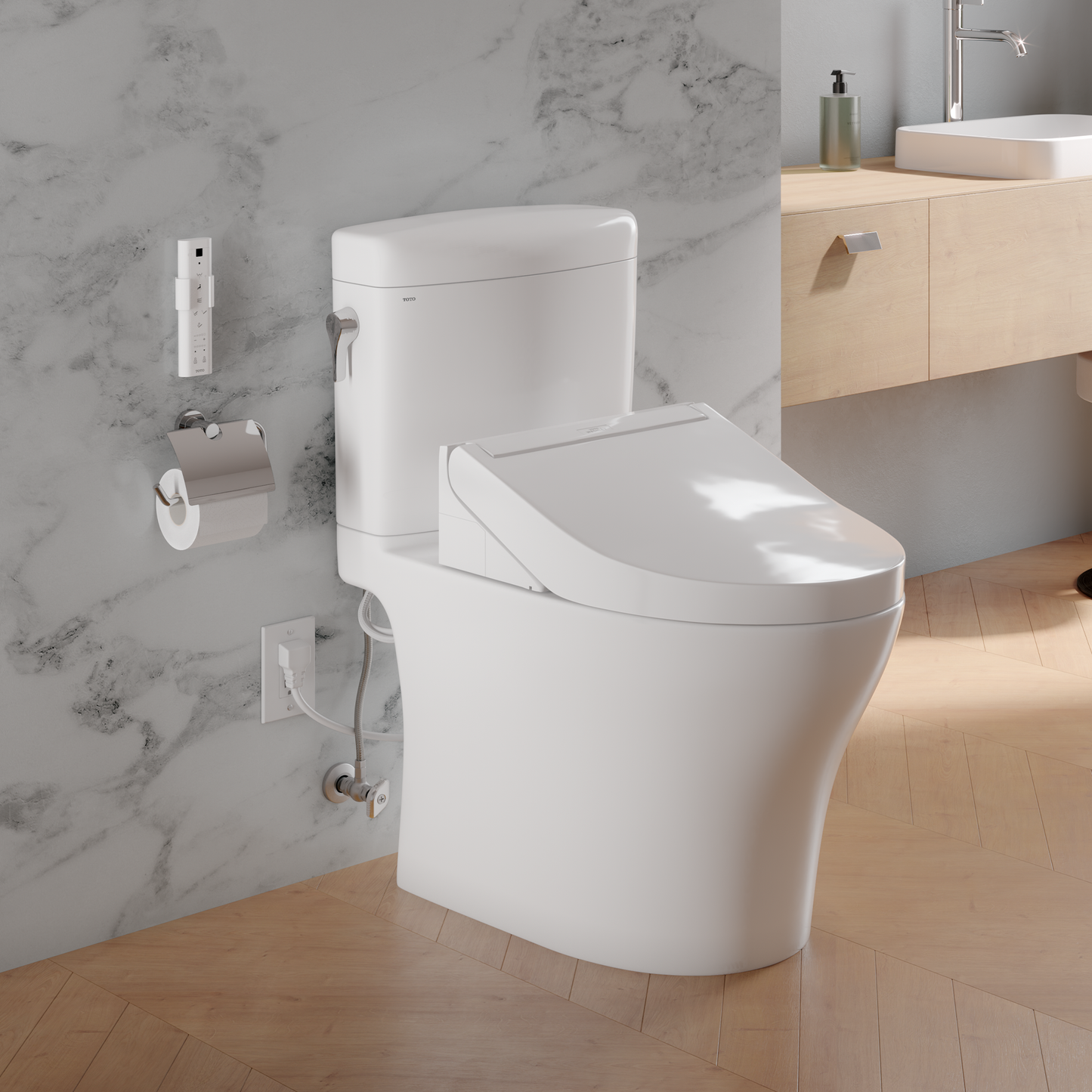 TOTO MW4363084CEMFGN#01 WASHLET+ Aquia IV Cube Two-Piece Elongated Dual Flush 1.28 and 0.9 GPF Toilet with C5 Bidet Seat , Cotton White