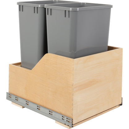 HARDWARE RESOURCES CAN-WBMD5018G Double 50 Quart Wood Bottom-Mount Soft-close Trashcan Rollout for Hinged Doors, Includes Two Grey Cans - Grey