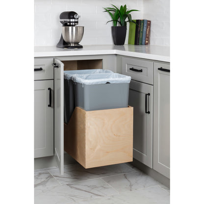 HARDWARE RESOURCES CAN-WBMD50G Double 50 Quart Wood Bottom-Mount Soft-close Trashcan Rollout for Hinged Doors, Includes Two Grey Cans - Grey