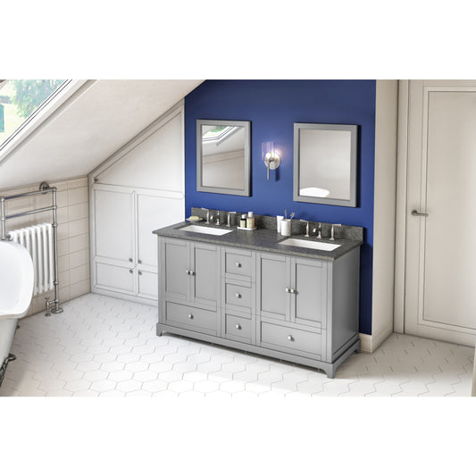 Jeffrey Alexander VKITADD60GRBOR 60" Grey Addington Vanity, double bowl, Boulder Cultured Marble Vanity Top, two undermount rectangle bowls in Grey