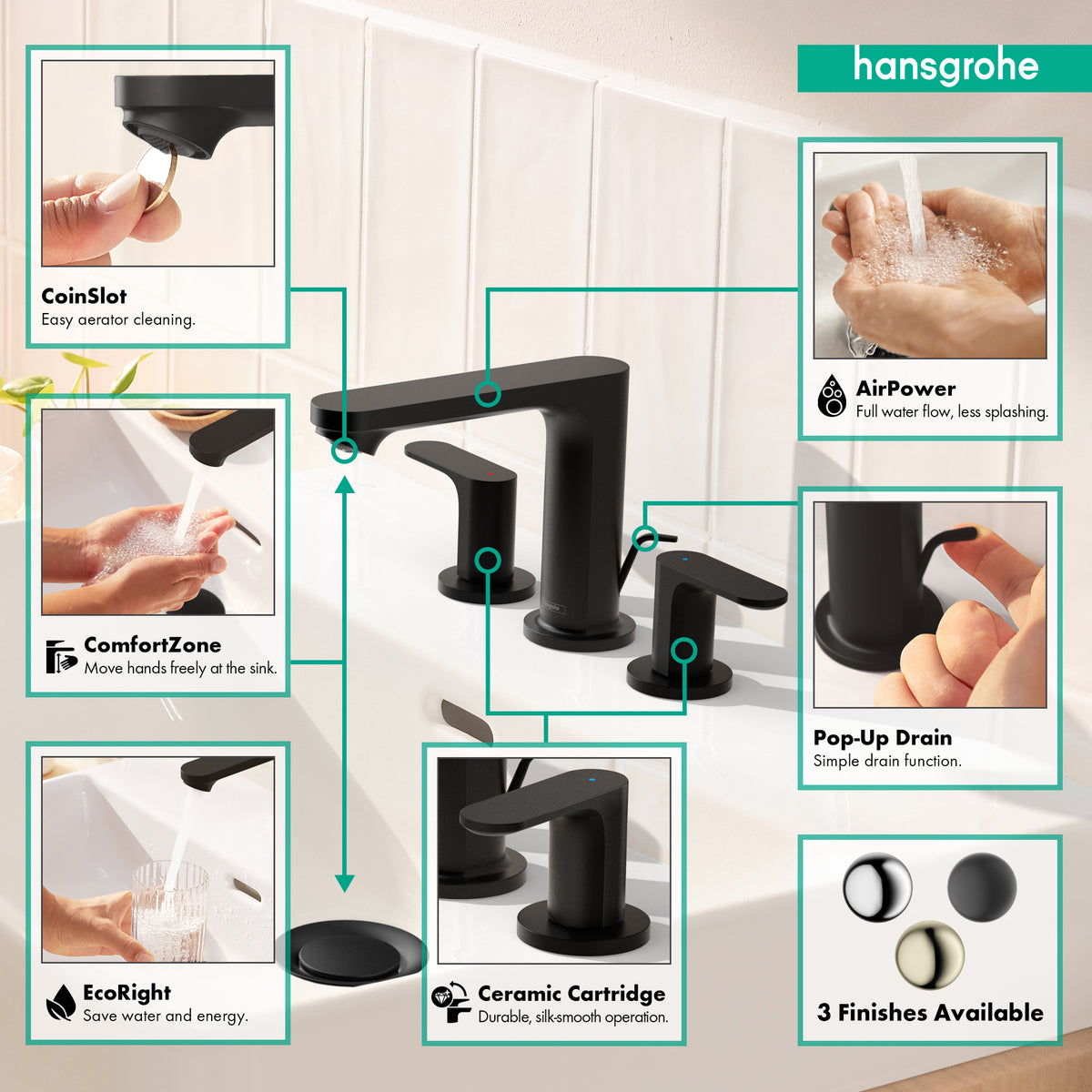HANSGROHE 72530671 Rebris S Widespread Faucet 110 with Pop-Up Drain, 1.2 GPM - Matte Black
