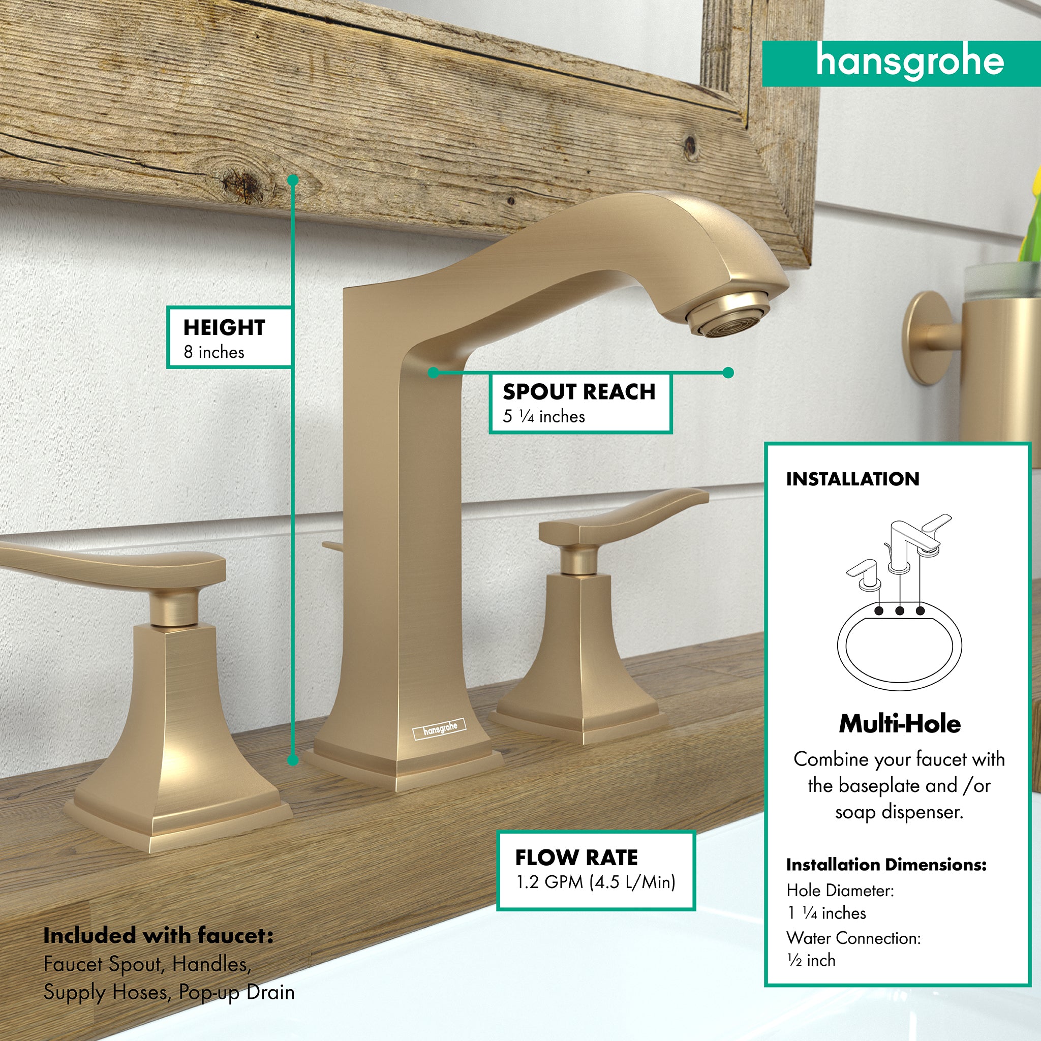 HANSGROHE 31331141 Metropol Classic Widespread Faucet 160 with Lever Handles and Pop-Up Drain, 1.2 GPM - Brushed Bronze