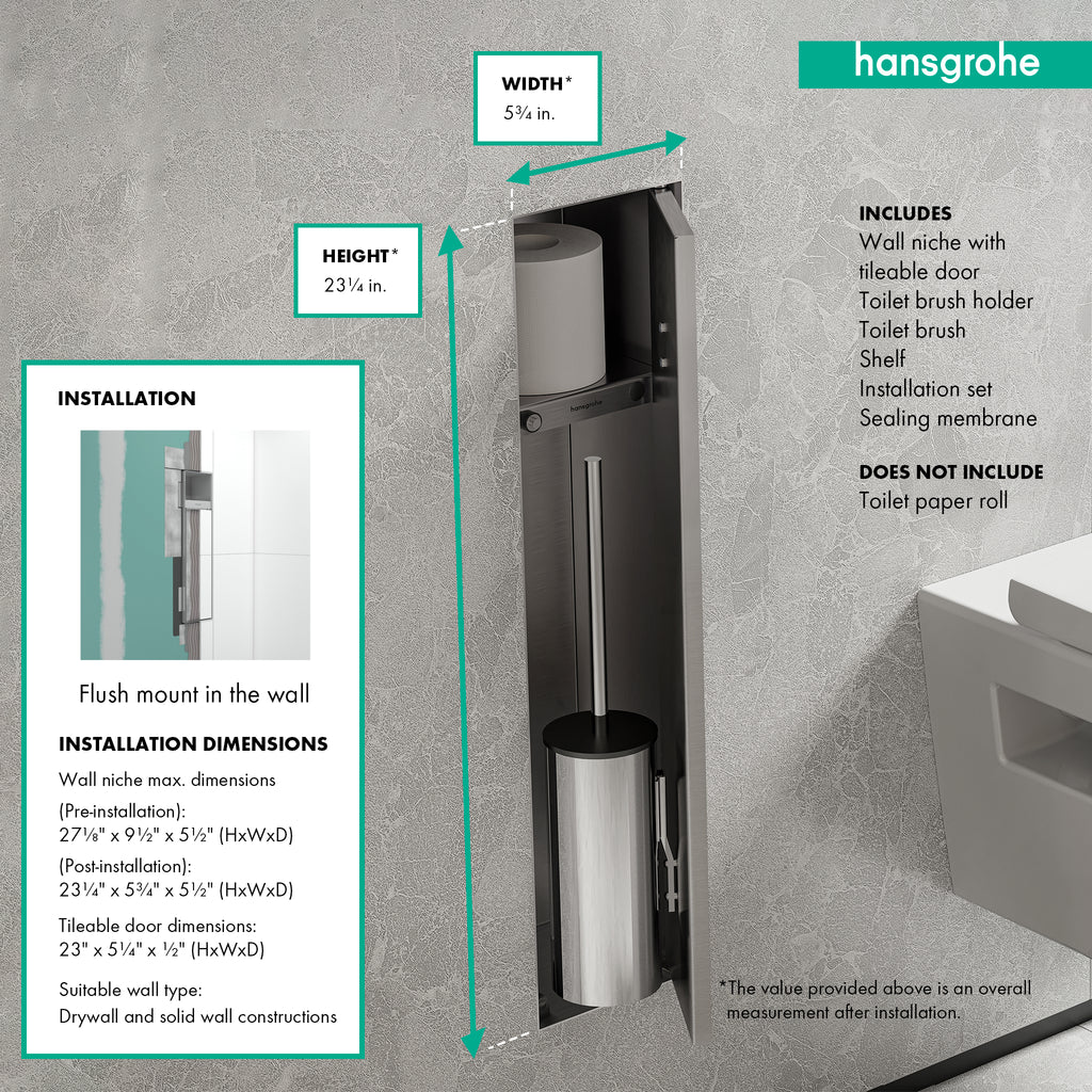 HANSGROHE 56060800 XtraStoris Rock Recessed Toilet Brush Holder with Shelf & Tileable Door - Brushed Stainless Steel