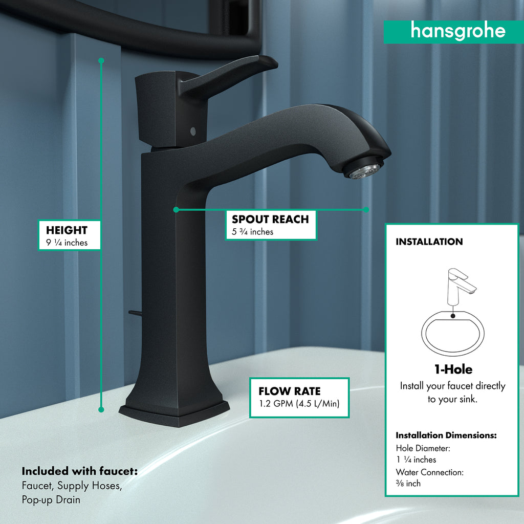 HANSGROHE 31302671 Metropol Classic Single-Hole Faucet 160 with Pop-Up Drain, 1.2 GPM - Matte Black