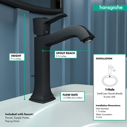 HANSGROHE 31302671 Metropol Classic Single-Hole Faucet 160 with Pop-Up Drain, 1.2 GPM - Matte Black
