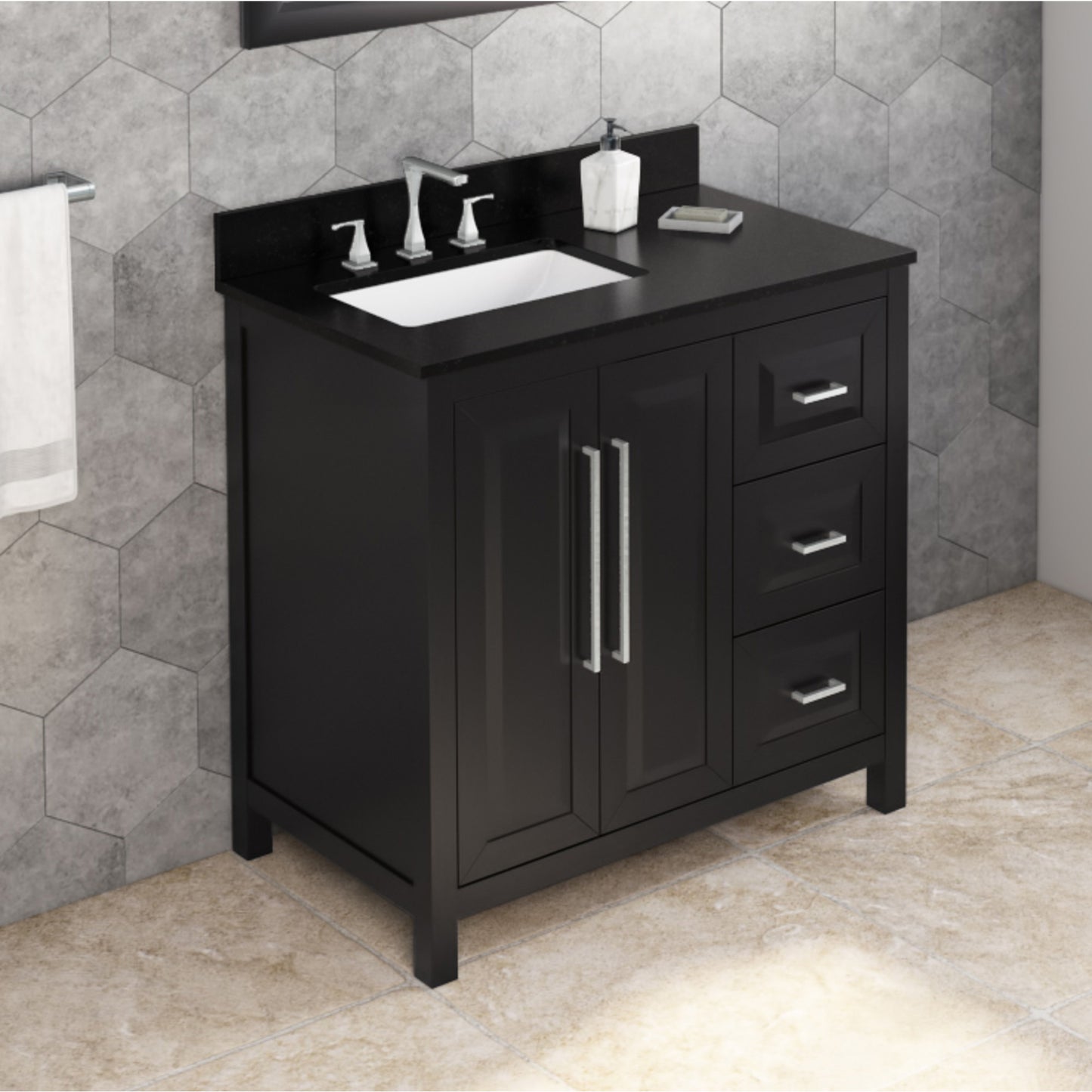 JEFFREY ALEXANDER VKITCAD36BKBGR 36" Black Cade Vanity, left offset, Black Granite Vanity Top, undermount rectangle bowl - Black