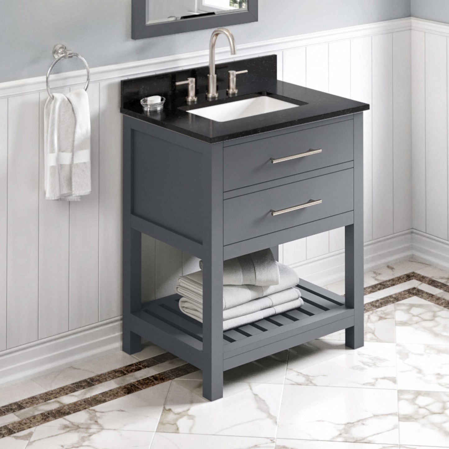 JEFFREY ALEXANDER VKITWAV30GRBGR 30" Grey Wavecrest Vanity, Black Granite Vanity Top, undermount rectangle bowl - Grey