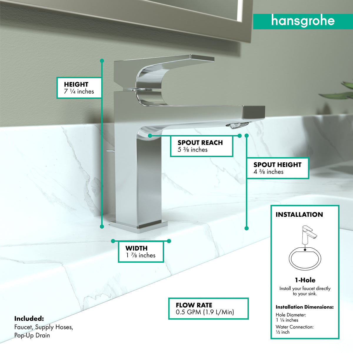 HANSGROHE 32527001 Metropol Single-Hole Faucet 110 with Lever Handle and Pop-Up Drain, 0.5 GPM - Chrome