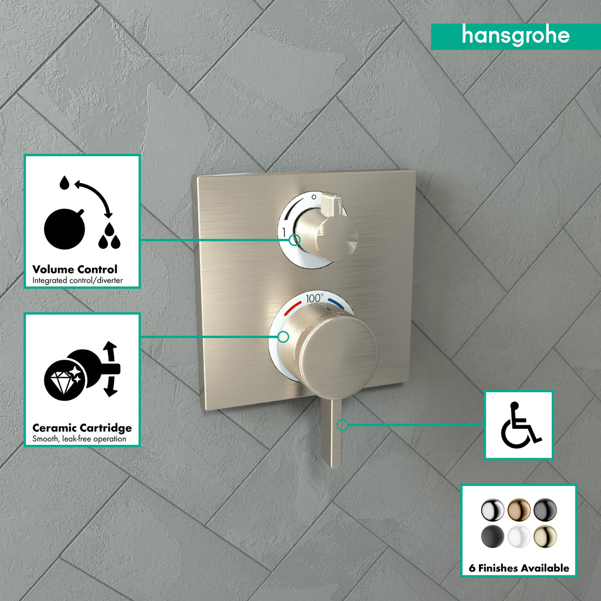HANSGROHE 15712821 Ecostat Square Thermostatic Trim with Volume Control - Brushed Nickel