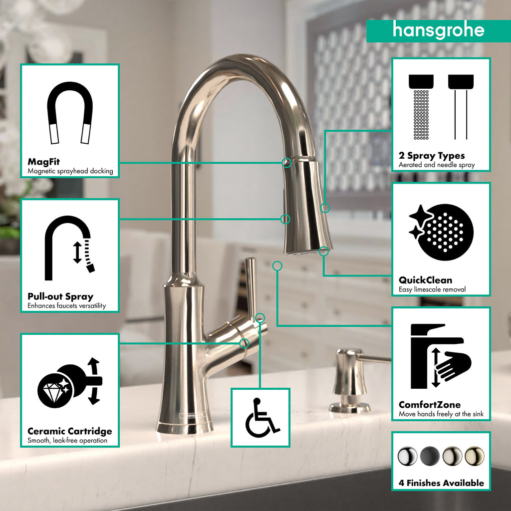 HANSGROHE 04793830 Joleena HighArc Kitchen Faucet, 2-Spray Pull-Down, 1.75 GPM - Polished Nickel