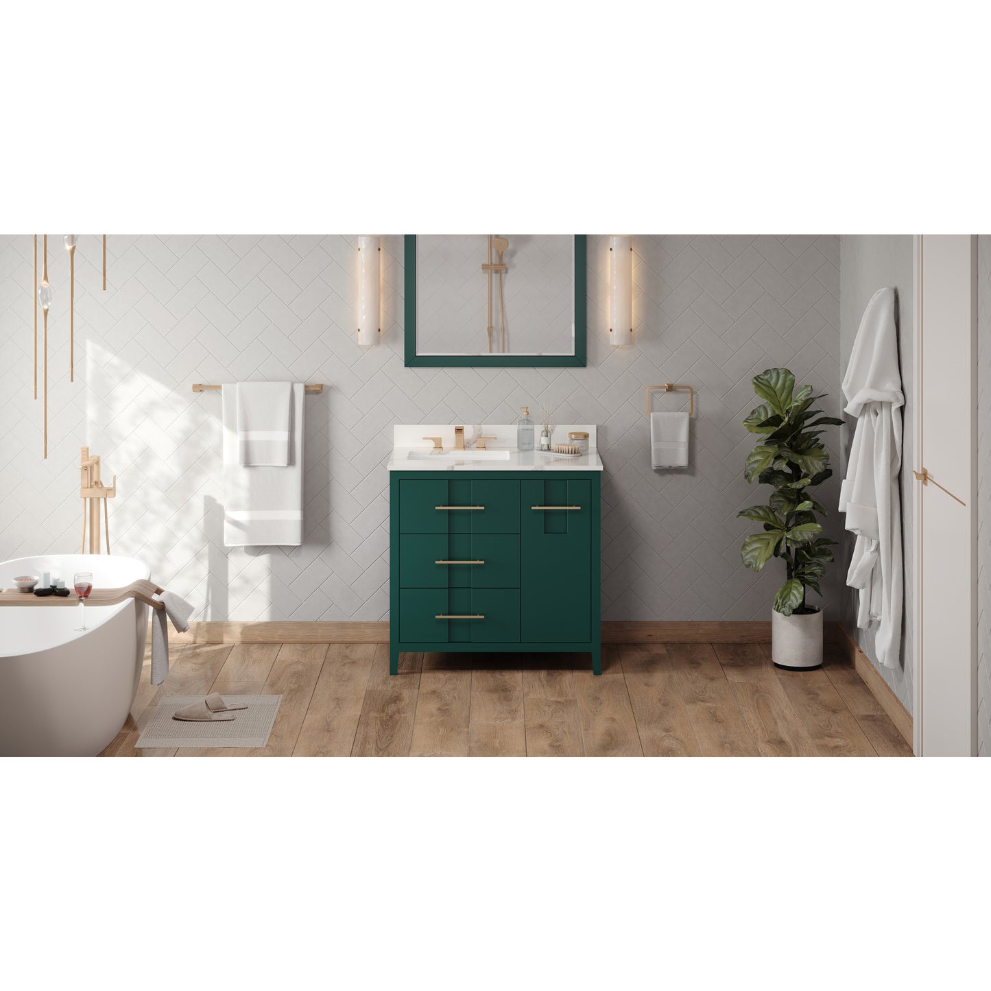 JEFFREY ALEXANDER VKITKAT36GNCQR 36" Forest Green Katara Vanity, left offset, Calacatta Vienna Quartz Vanity Top, undermount rectangle bowl , Green