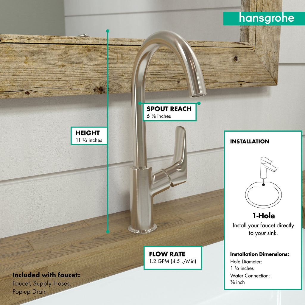 HANSGROHE 71130821 Logis Single-Hole Faucet 210 with Swivel Spout and Pop-Up Drain, 1.2 GPM - Brushed Nickel