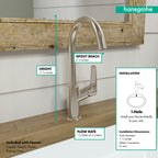 HANSGROHE 71130821 Logis Single-Hole Faucet 210 with Swivel Spout and Pop-Up Drain, 1.2 GPM - Brushed Nickel