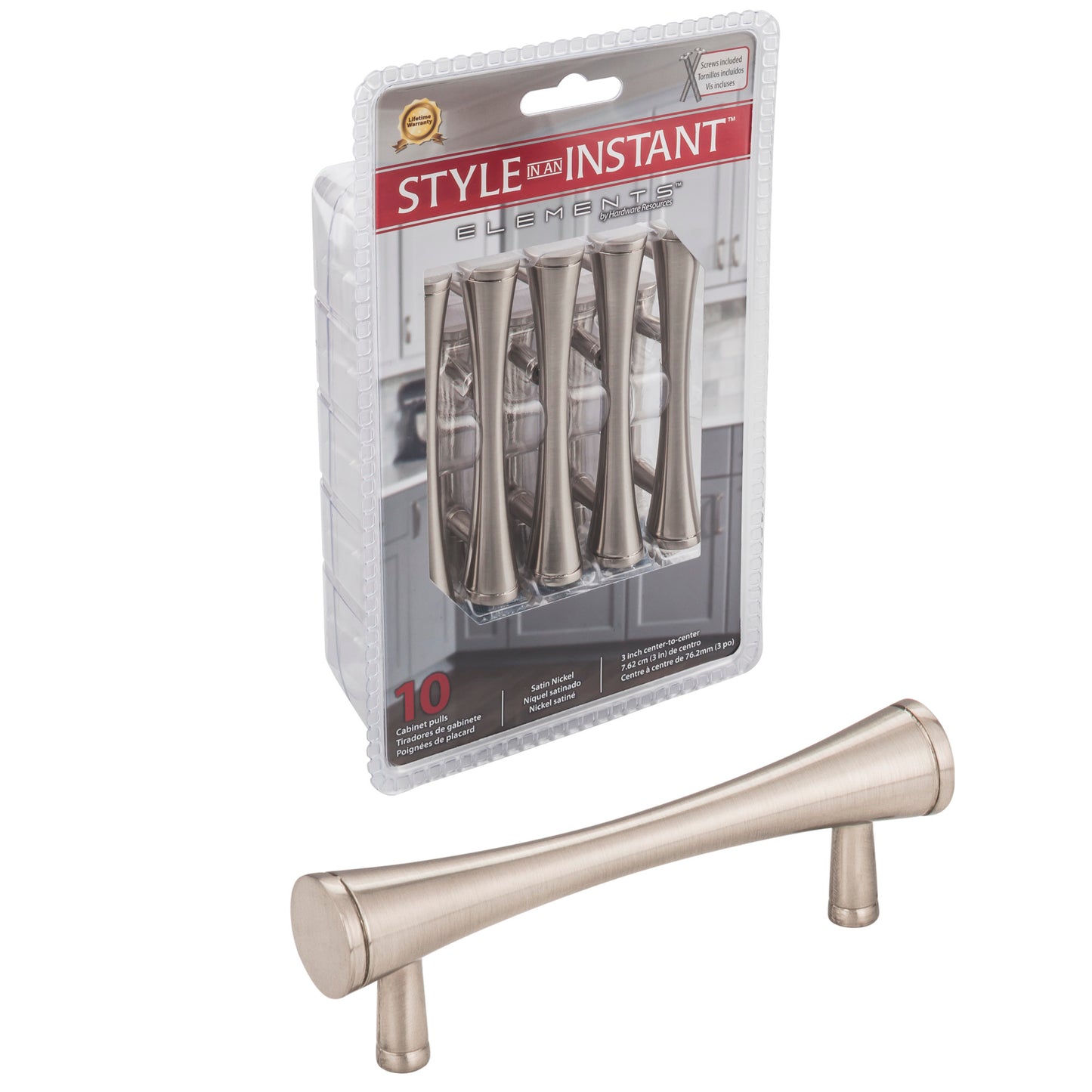 ELEMENTS 400SN-R Retail Pack Hardware 3" Center-to-Center Bar Pull , Satin Nickel