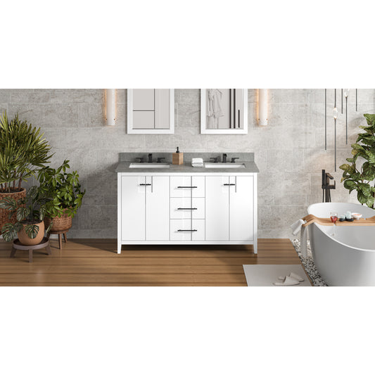 JEFFREY ALEXANDER VKITKAT60WHSGR 60" White Katara Vanity, double bowl, Steel Grey Cultured Marble Vanity Top, two undermount rectangle bowls , White