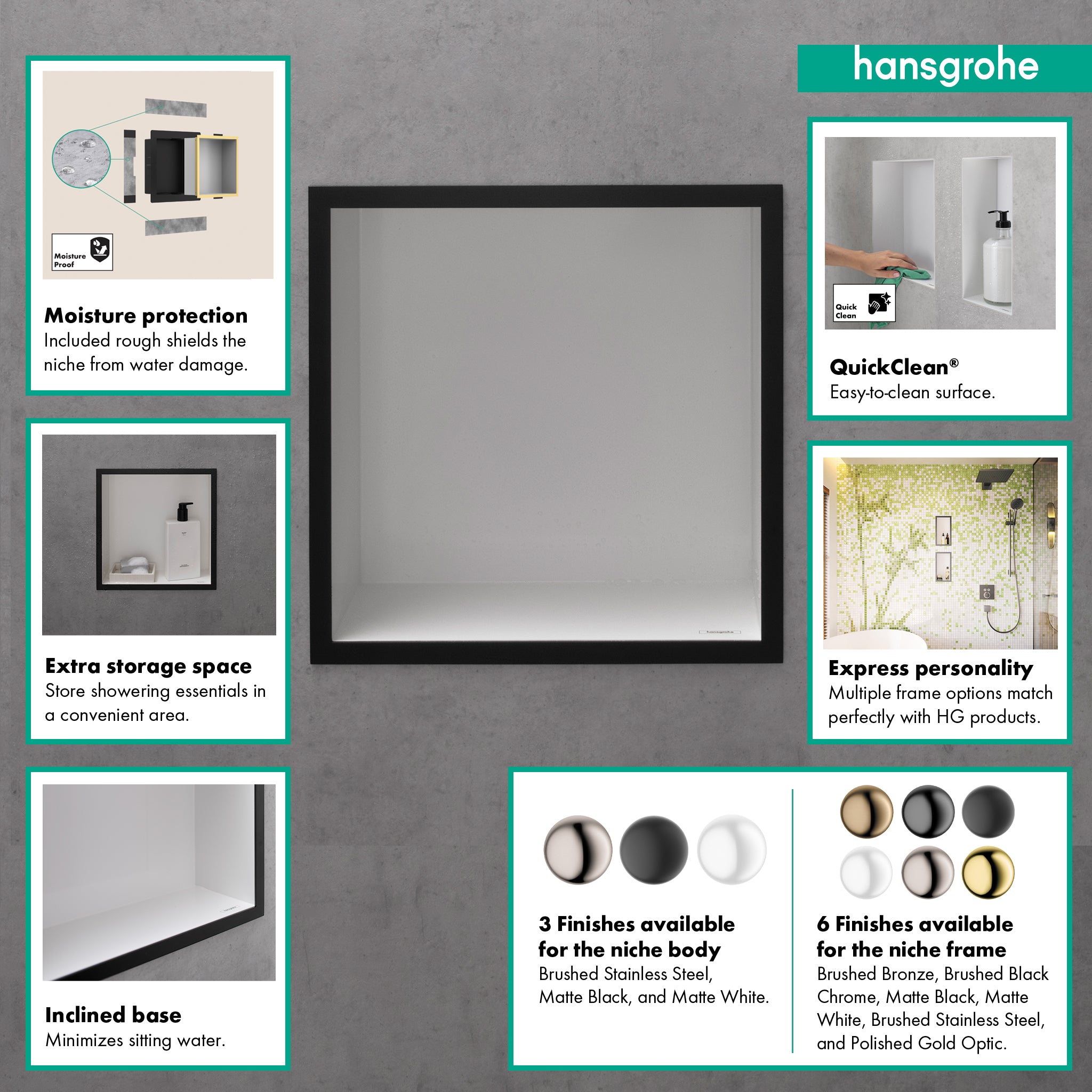 HANSGROHE 56099340 XtraStoris Individual Wall Niche Matte White with Design Frame 12"x 12"x 4" - Brushed Black Chrome