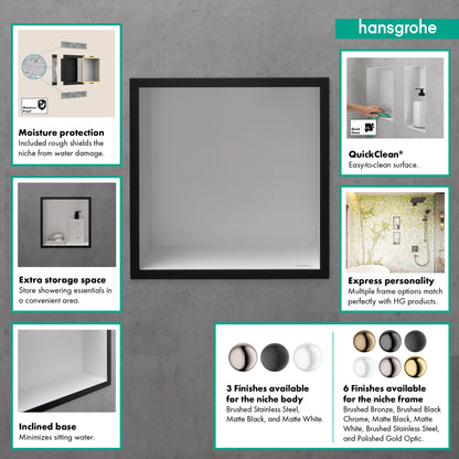 HANSGROHE 56099990 XtraStoris Individual Wall Niche Matte White with Design Frame 12"x 12"x 4" - Polished Gold Optic