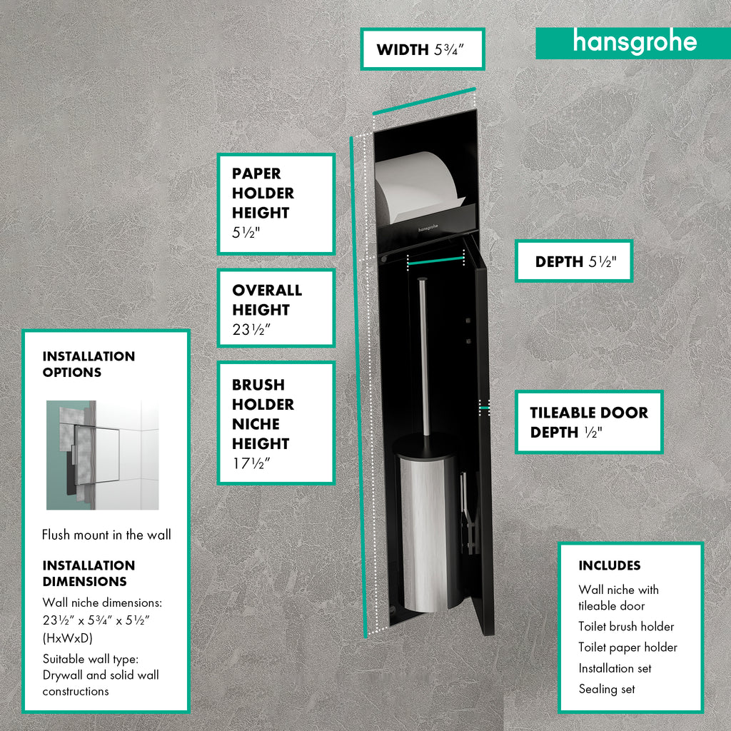 HANSGROHE 56062800 XtraStoris Rock Recessed Toilet Brush Holder with Toilet Paper Holder & Tileable Door - Brushed Stainless Steel