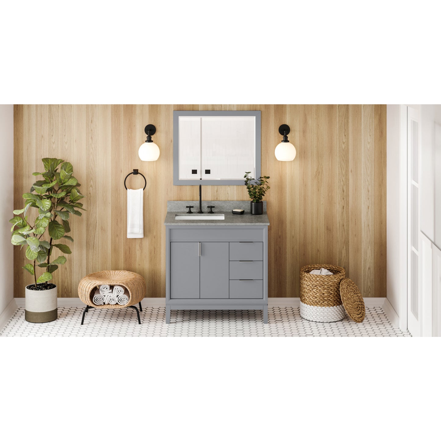 JEFFREY ALEXANDER VKITTHE36GRSGR 36" Grey Theodora Vanity, left offset, Steel Grey Cultured Marble Vanity Top, undermount rectangle bowl , Grey