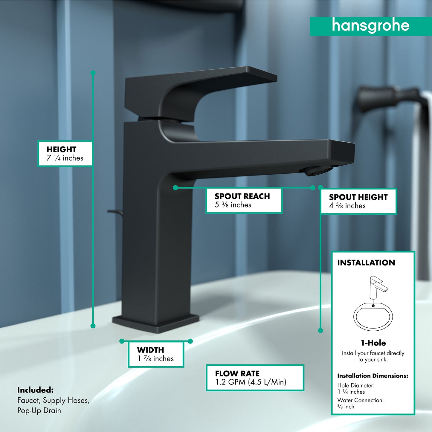 HANSGROHE 32506671 Matte Black Metropol Modern Single Hole Bathroom Faucet 1.2 GPM