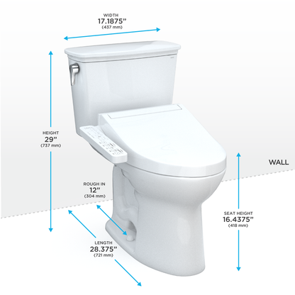 TOTO MW7863074CEG#01 Drake Transitional Washlet+ Two-Piece Elongated 1.28 Gpf Tornado Flush Toilet With C2 Bidet Seat - Cotton White
