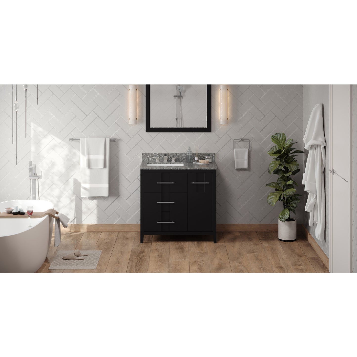 JEFFREY ALEXANDER VKITKAT36BKBOR 36" Black Katara Vanity, left offset, Boulder Vanity Cultured Marble Vanity Top, undermount rectangle bowl , Black