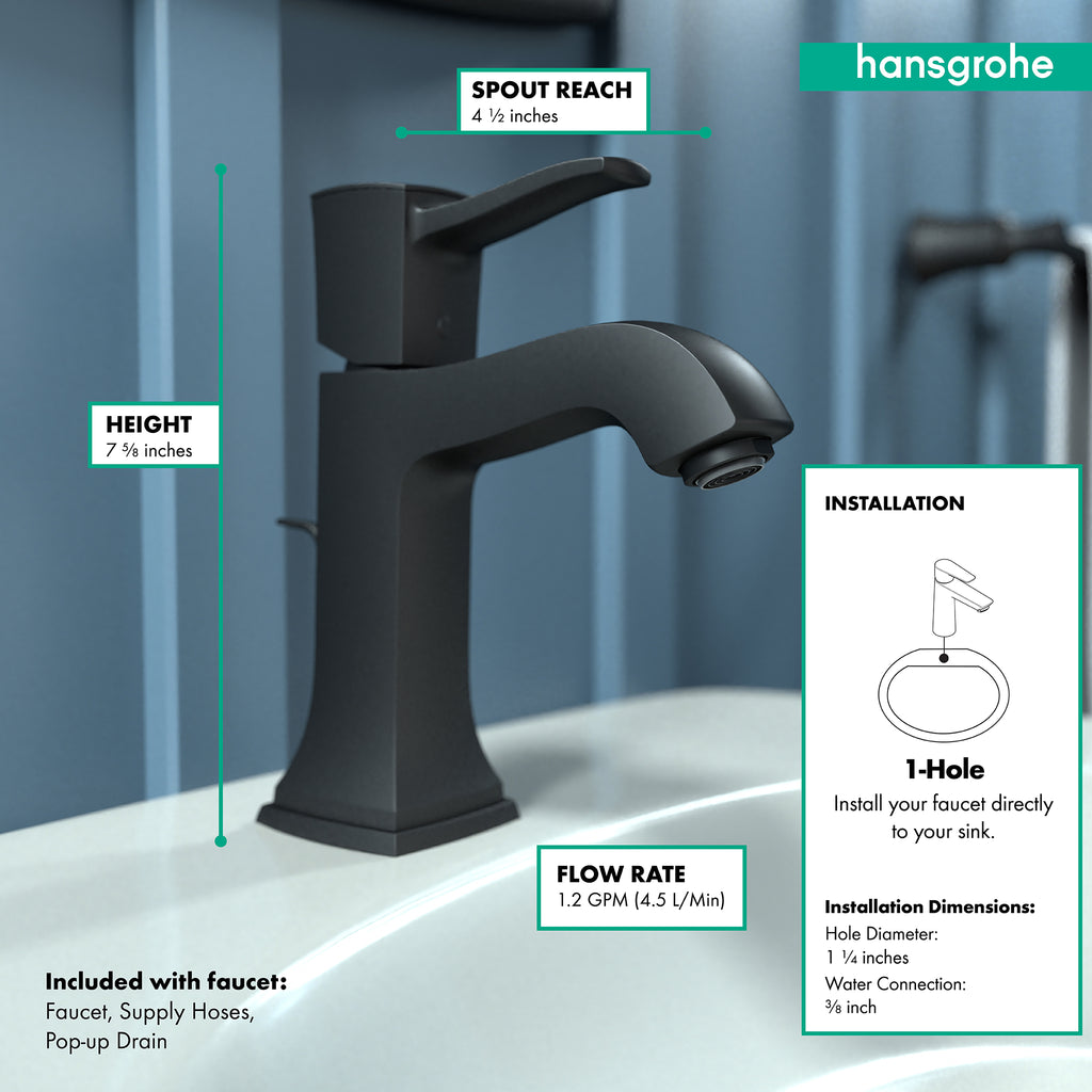 HANSGROHE 31300671 Metropol Classic Single-Hole Faucet 110 with Pop-Up Drain, 1.2 GPM - Matte Black