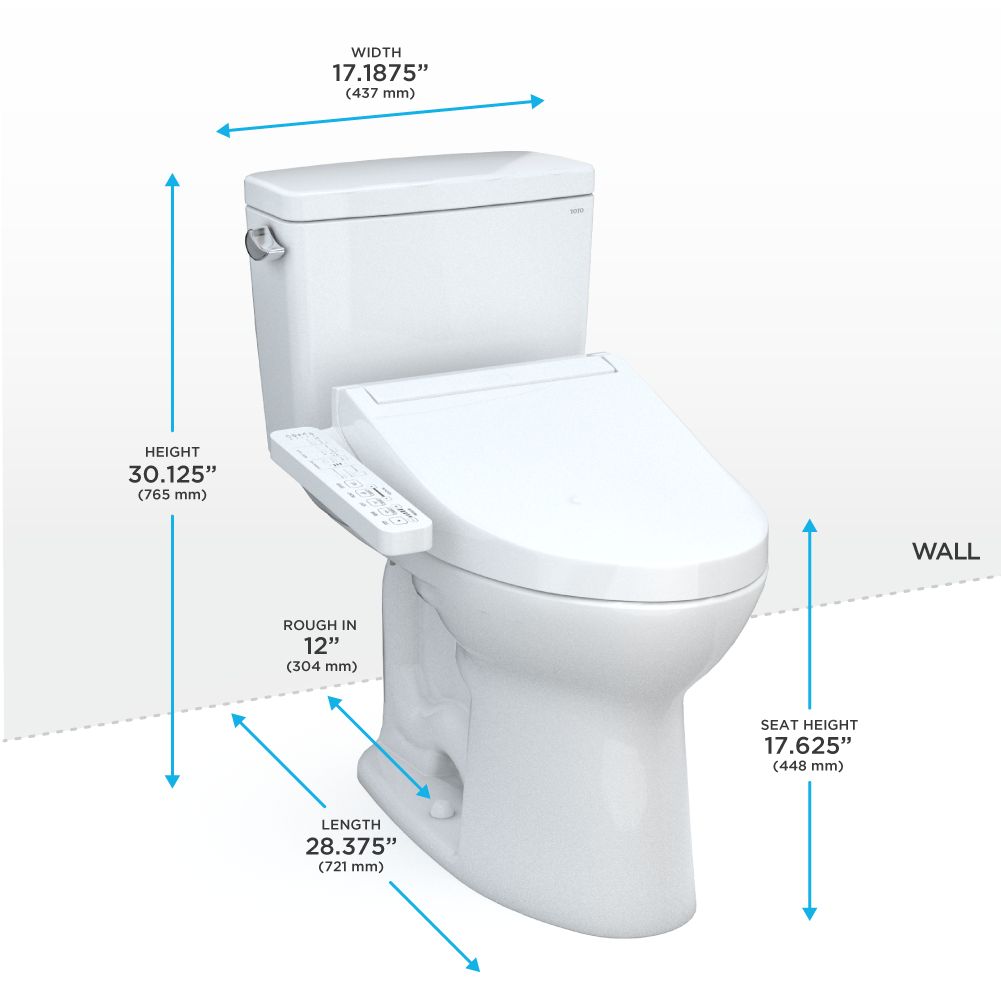 TOTO MW7763074CEFG#01 Drake WASHLET+ Two-Piece Elongated 1.28 GPF Universal Height TORNADO FLUSH Toilet with C2 Bidet Seat , Cotton White