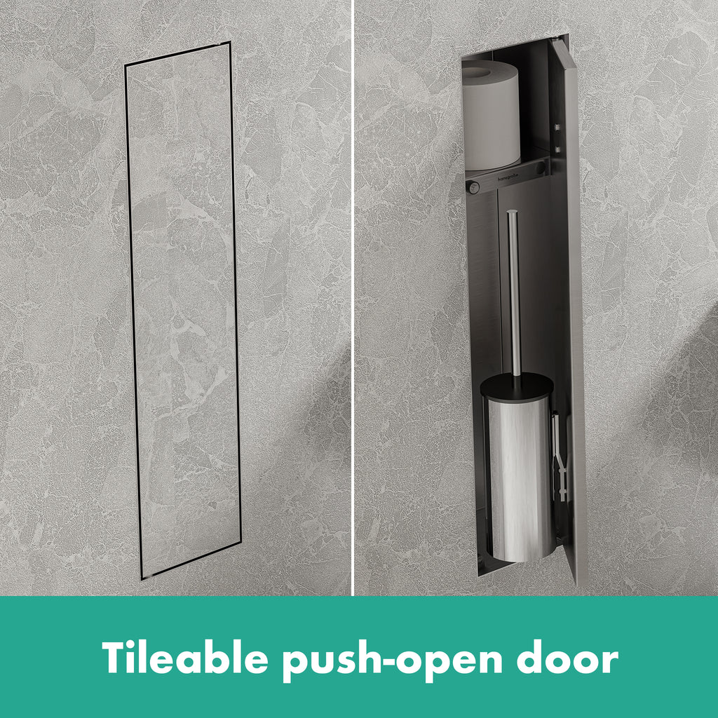 HANSGROHE 56060800 XtraStoris Rock Recessed Toilet Brush Holder with Shelf & Tileable Door - Brushed Stainless Steel