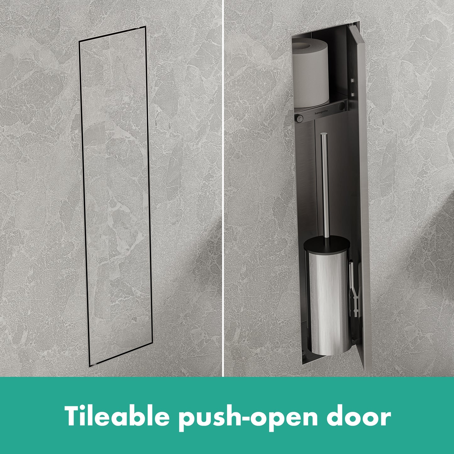 HANSGROHE 56060800 XtraStoris Rock Recessed Toilet Brush Holder with Shelf & Tileable Door - Brushed Stainless Steel