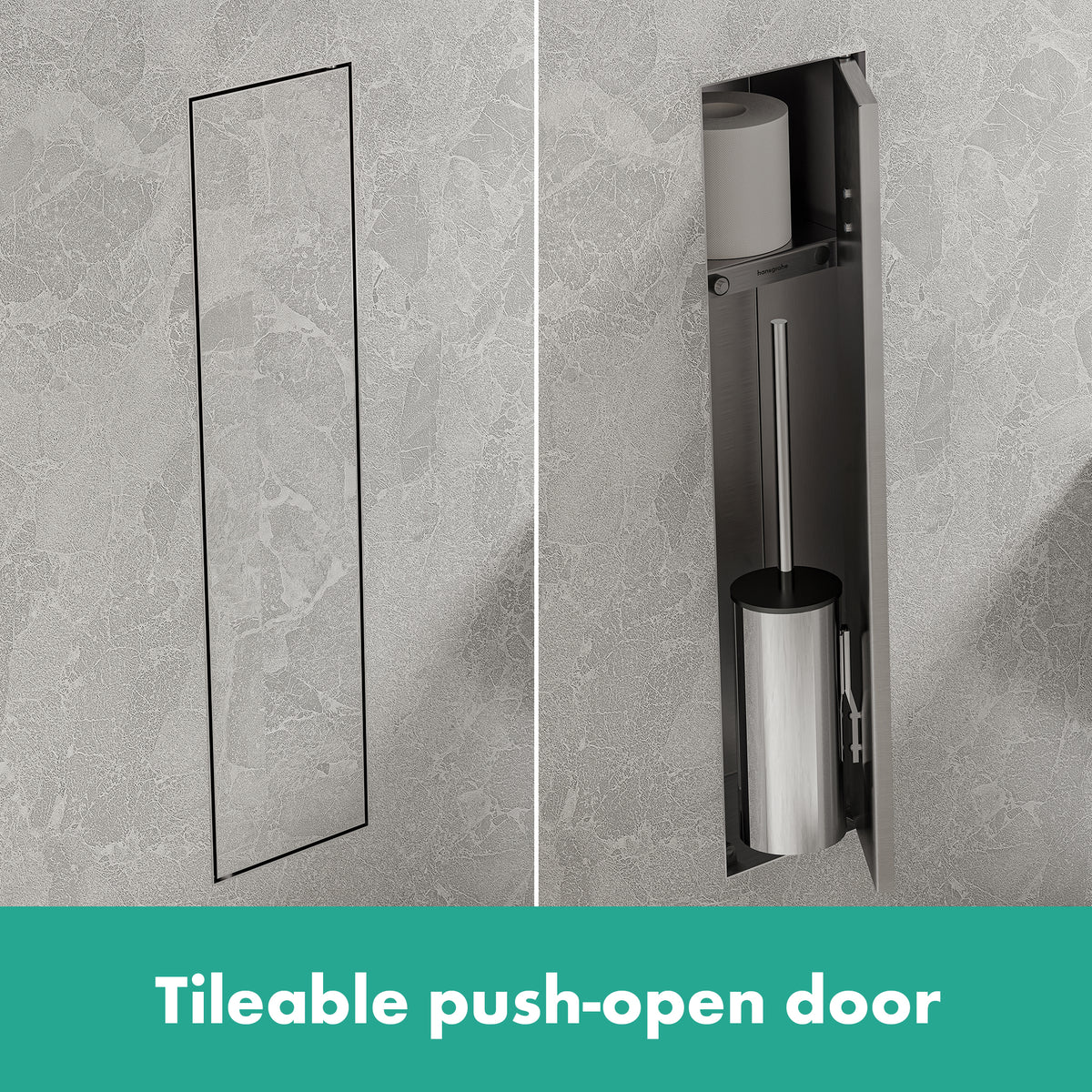 HANSGROHE 56060800 XtraStoris Rock Recessed Toilet Brush Holder with Shelf & Tileable Door - Brushed Stainless Steel