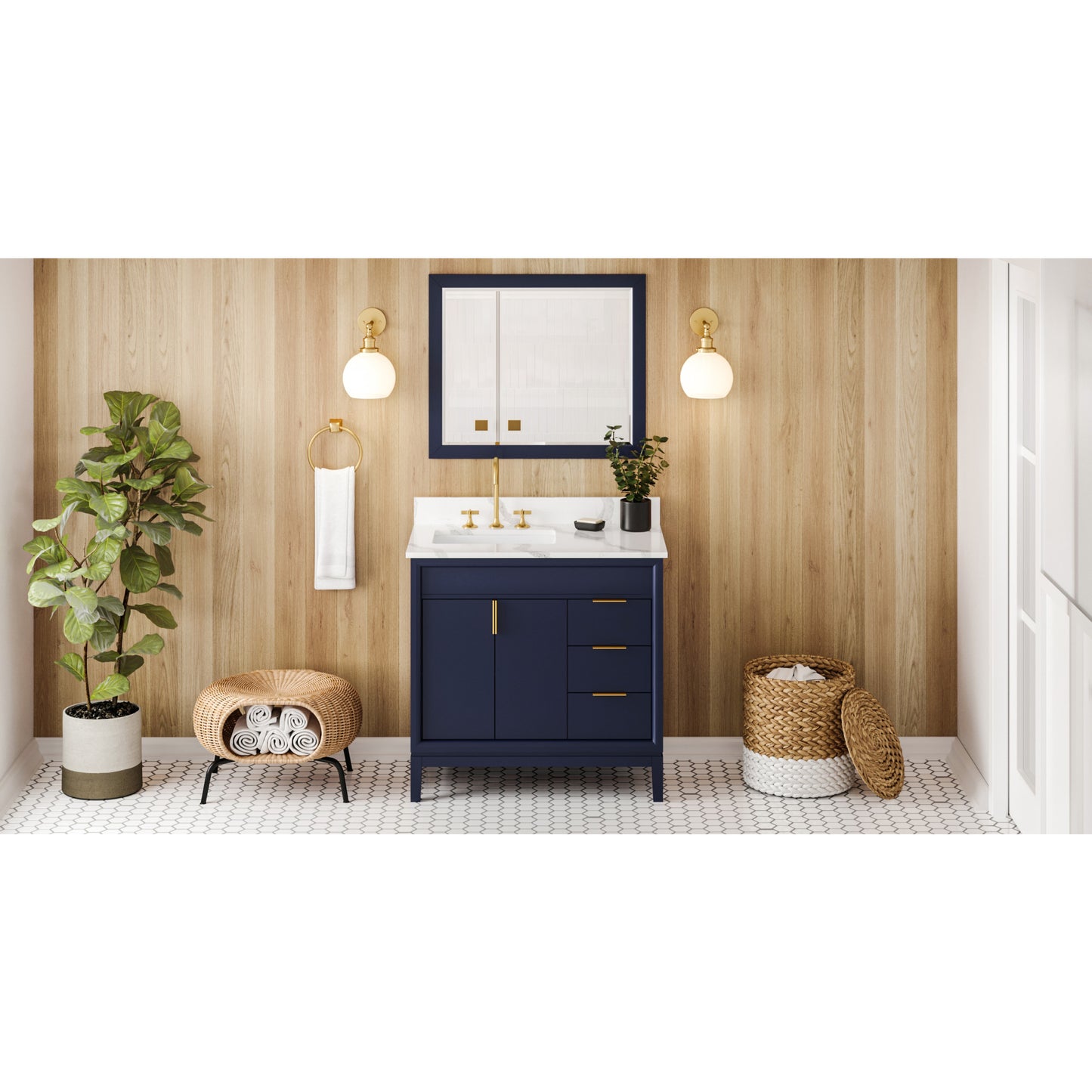 JEFFREY ALEXANDER VKITTHE36BLCQR 36" Hale Blue Theodora Vanity, left offset, Calacatta Vienna Quartz Vanity Top, undermount rectangle bowl , Hale Blue