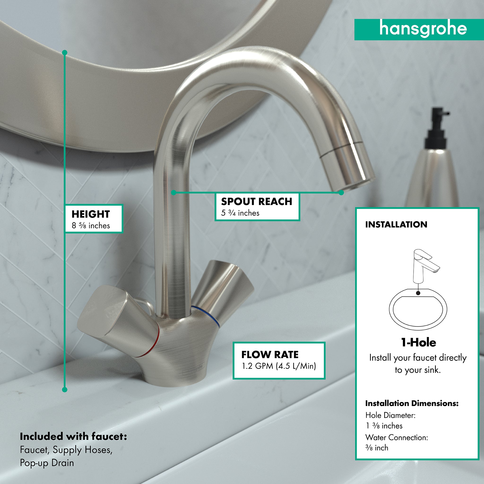 HANSGROHE 71222821 Logis Single-Hole Faucet 150 with Swivel Spout and Pop-Up Drain, 1.2 GPM - Brushed Nickel