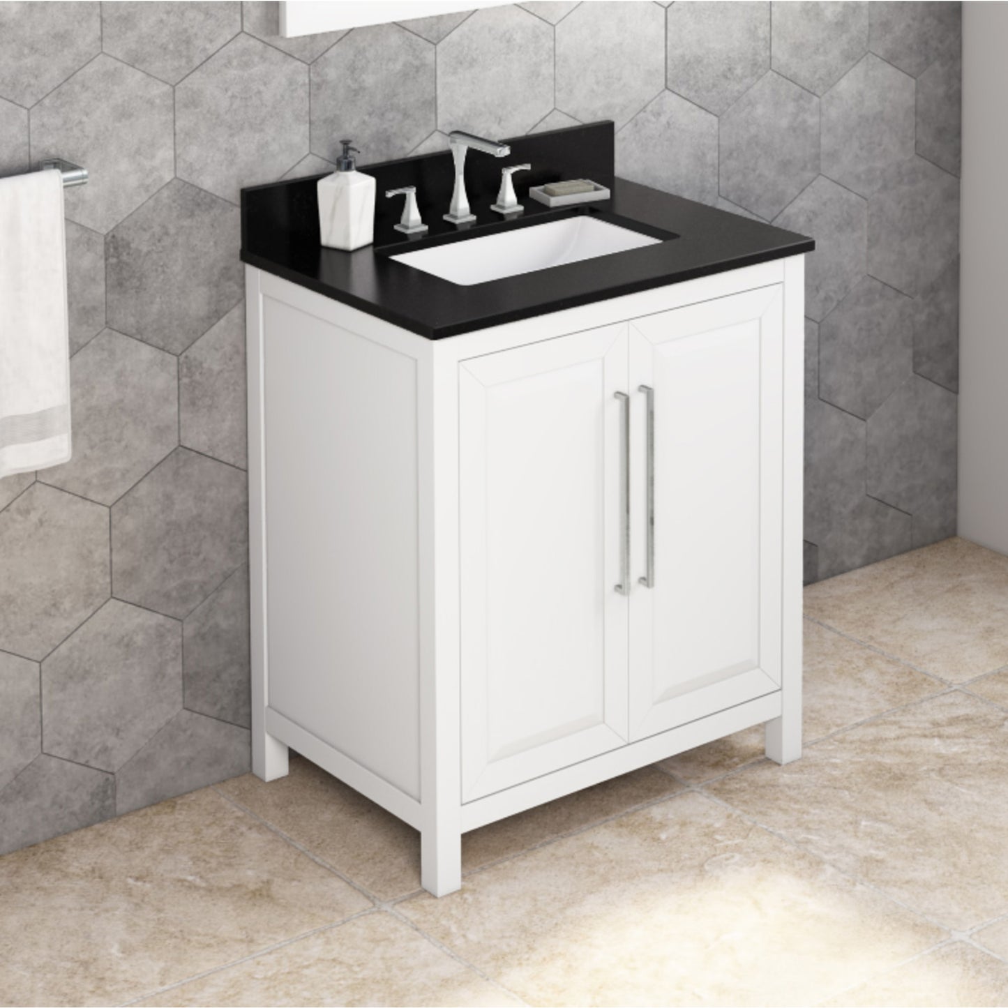 JEFFREY ALEXANDER VKITCAD30WHBGR 30" White Cade Vanity, Black Granite Vanity Top, undermount rectangle bowl - White