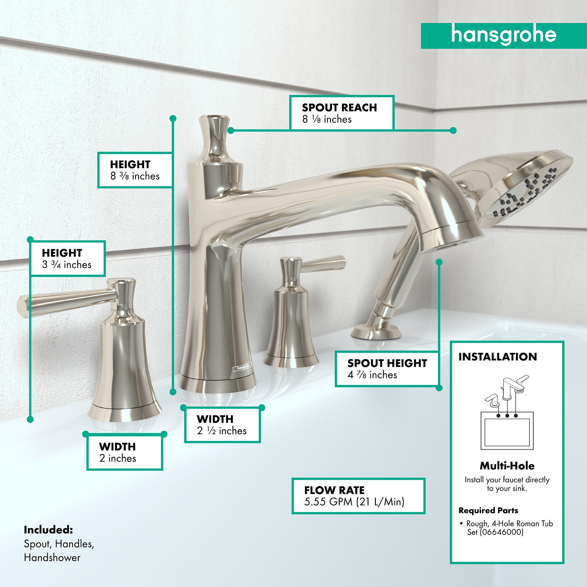 HANSGROHE 04777830 Joleena 4-Hole Roman Tub Set Trim with 1.75 GPM Handshower - Polished Nickel