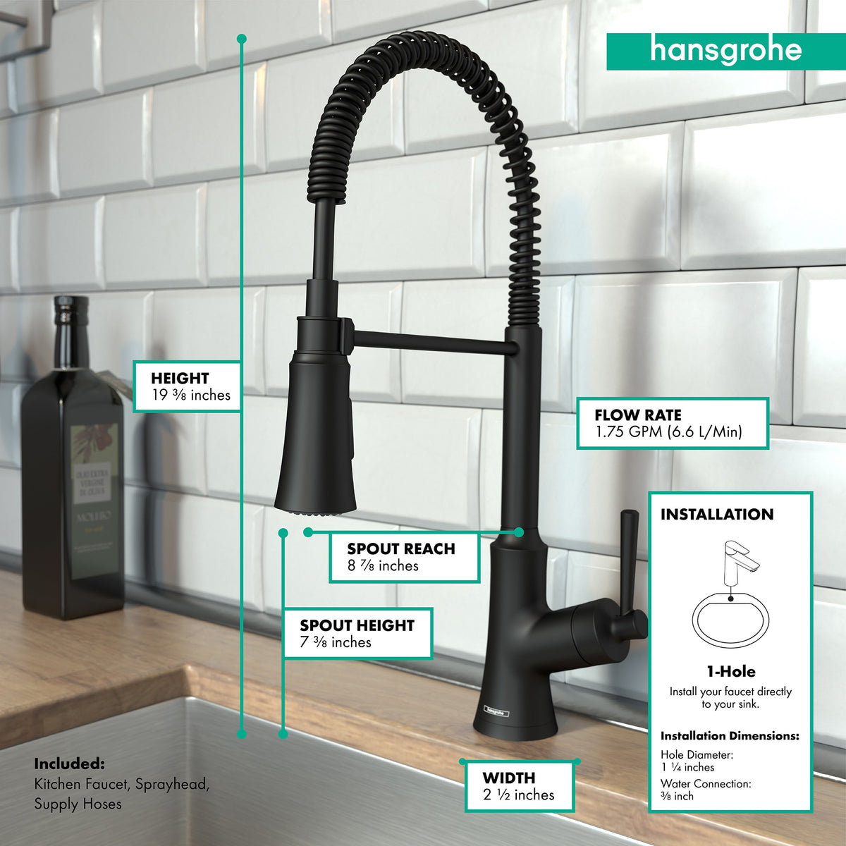 HANSGROHE 04792670 Joleena Semi-Pro Kitchen Faucet, 2-Spray, 1.75 GPM - Matte Black