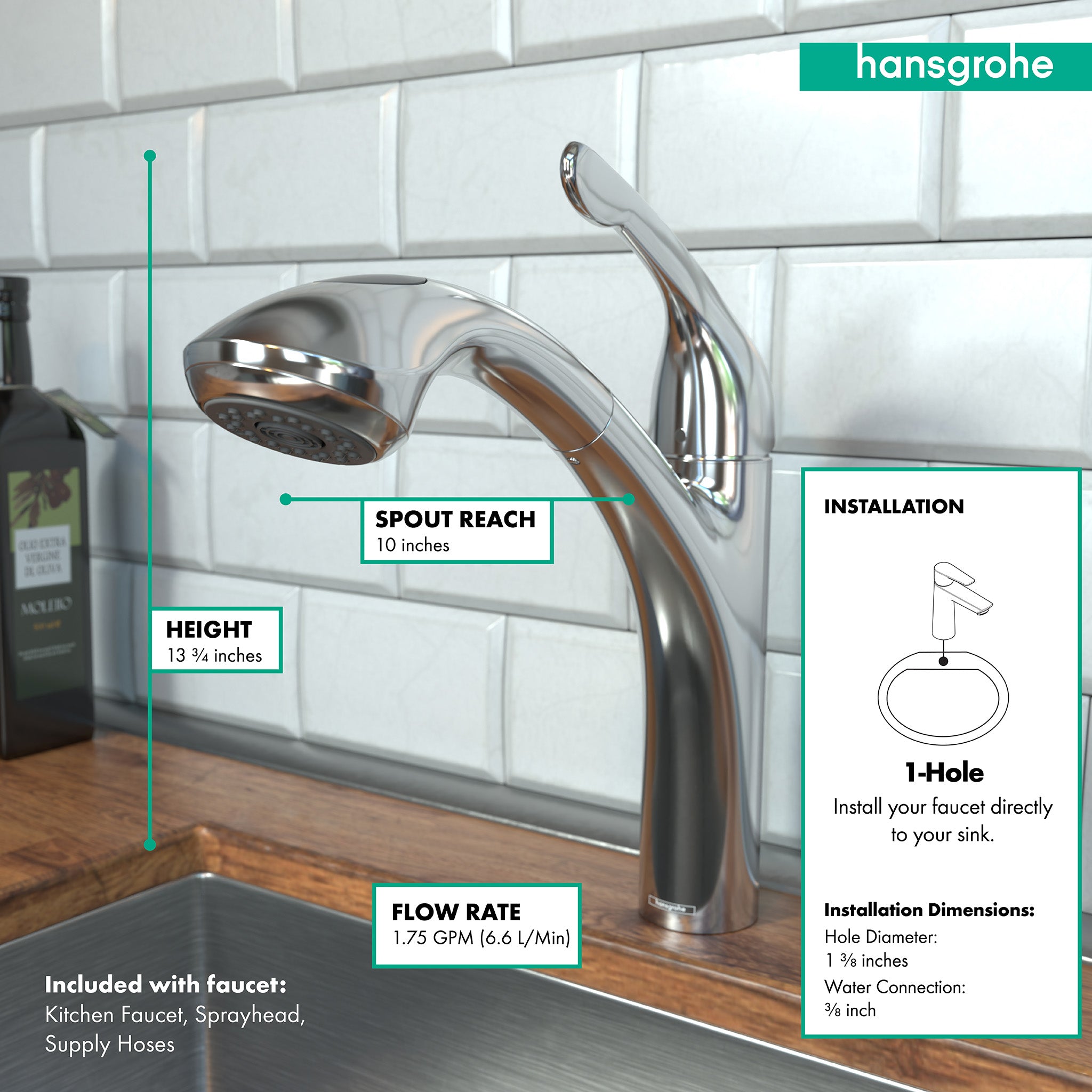 HANSGROHE 04076000 Allegro E Kitchen Faucet, 2-Spray Pull-Out, 1.75 GPM - Chrome