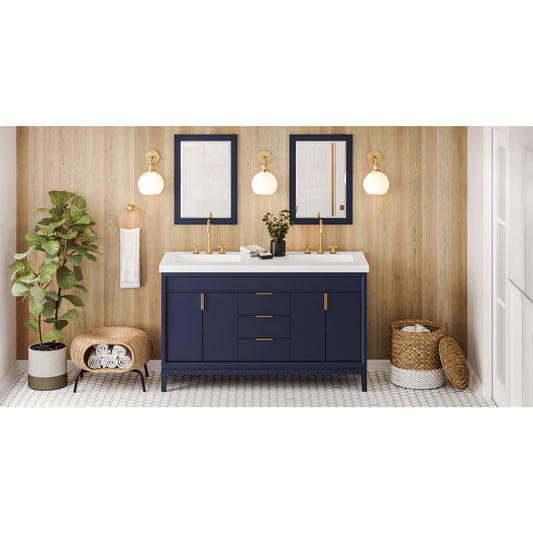 JEFFREY ALEXANDER VKITTHE60BLLAR 60" Hale Blue Theodora Vanity, double bowl, Lavante Cultured Marble Vessel Vanity Top, double integrated rectangle bowls , Hale Blue